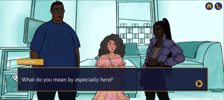 A screenshot from the Answer Campus game showing three students in a conversation, text "What do you mean by especially here? is shown on screen.