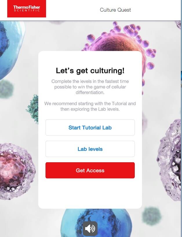 A main menu screen for the Culture Quest game showing options to start tutorial, enter lab levels, or get access.