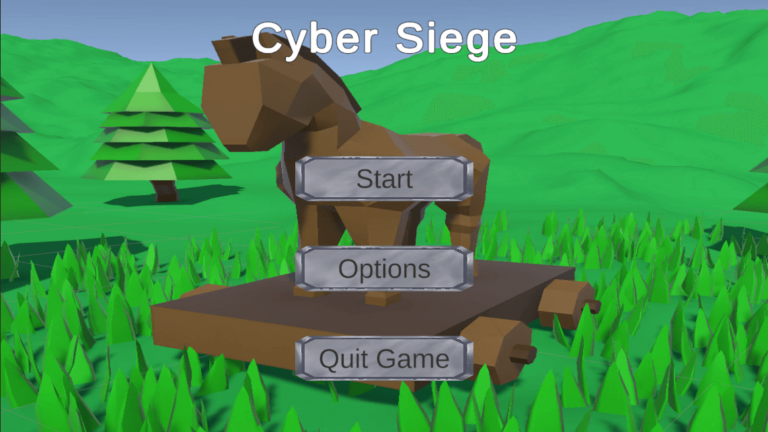 A screenshot of the main menu for Cyber Seige showing a virtual field with a trojan horse and menu options to Start, Options, and Quit Game