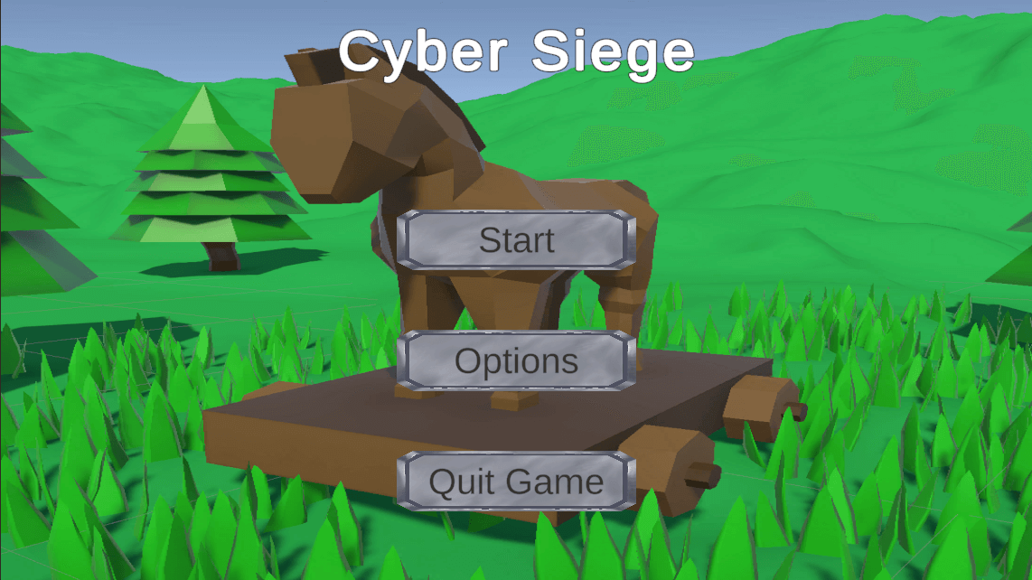 A screenshot of the main menu for Cyber Seige showing a virtual field with a trojan horse and menu options to Start, Options, and Quit Game