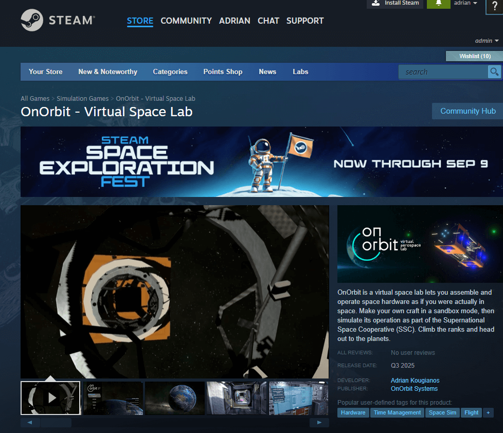 The STEAM page for OnOrbit showing information about the game