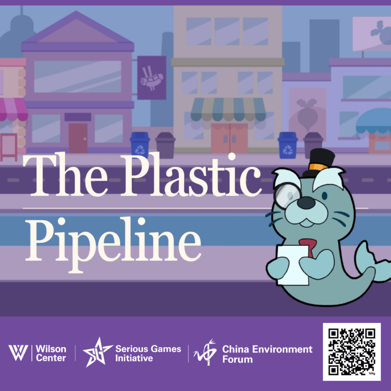 A screenshot of the title screen for The Plastic Pipeline game showing a cartoon town with a cute sea lion character and the logos for the developers.