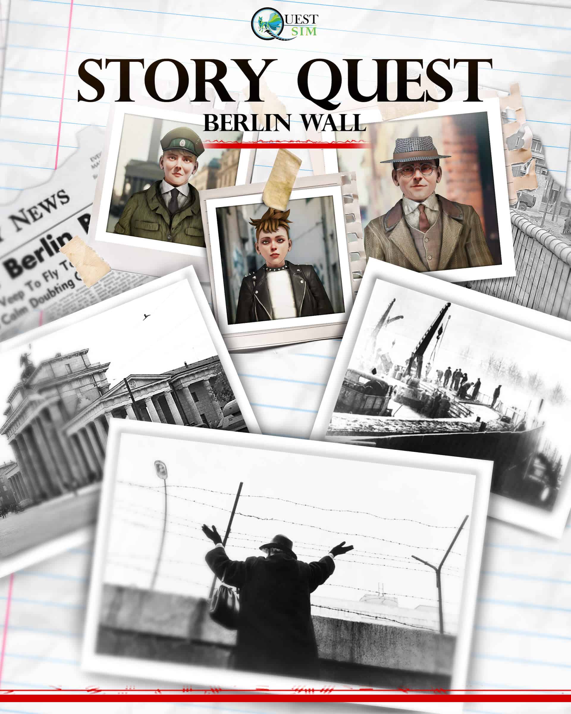 A screenshot of the cover for StoryQuest: Berlin Wall showing the logo QuestSim and images from the game including characters and historical photos