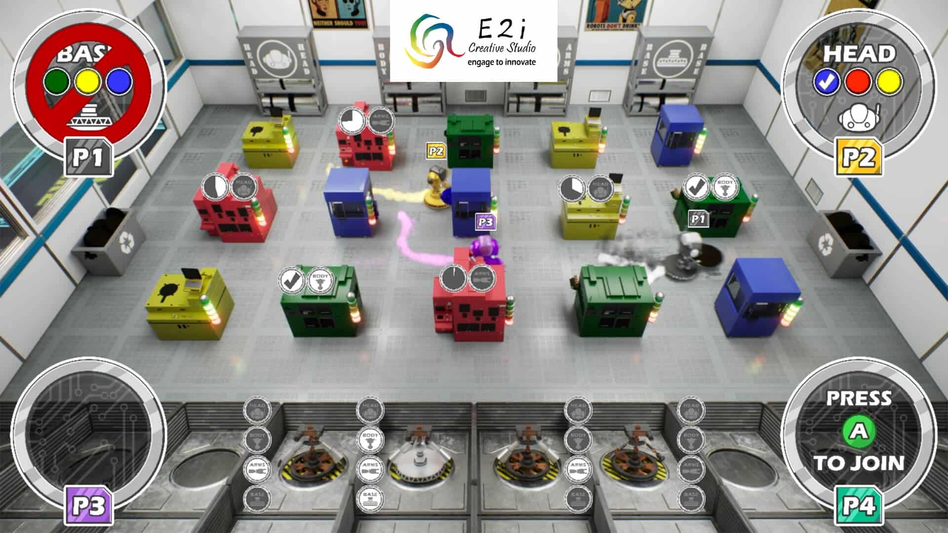 A screenshot from the main menu for Microchip Mayhem game depicting a virtual microchip factory and 4 player positions along with the organization logo.