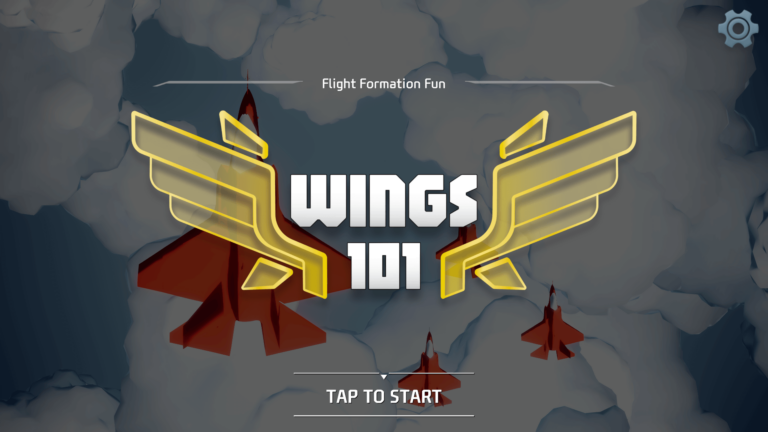 A screenshot of the title screen for Wings 101 showing cartoon style planes in the background and the game's logo with the option to tap to start shown