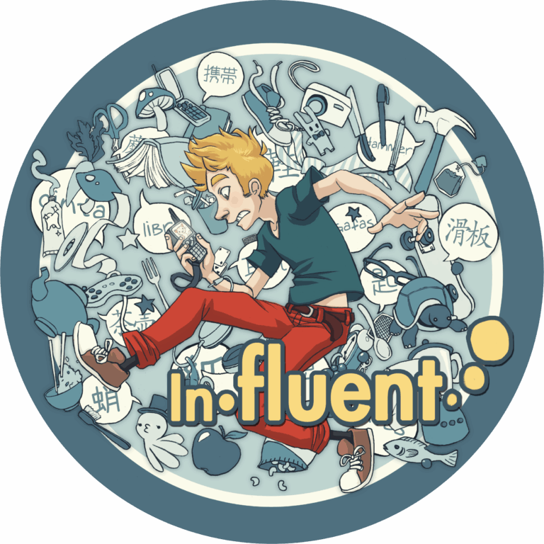 Influent game sticker with main character shown, name of the game, and other game images
